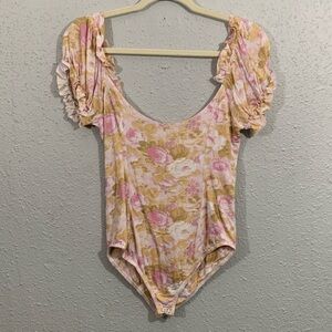 Love Shack Fancy Flutter Strap Pink Floral Stretch Body‎ Suit size S
